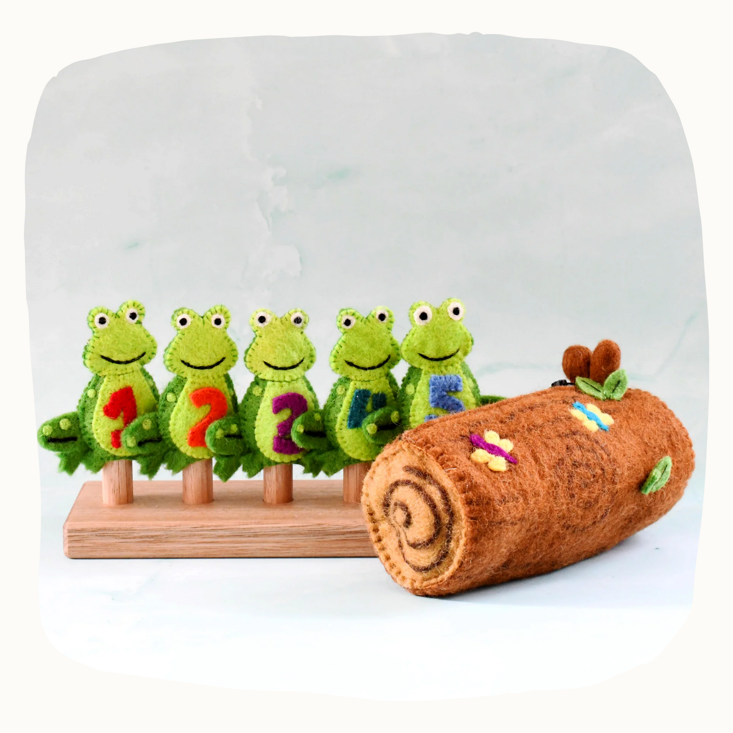5 Little Speckled Frogs with Log Bag - Finger Puppet Set